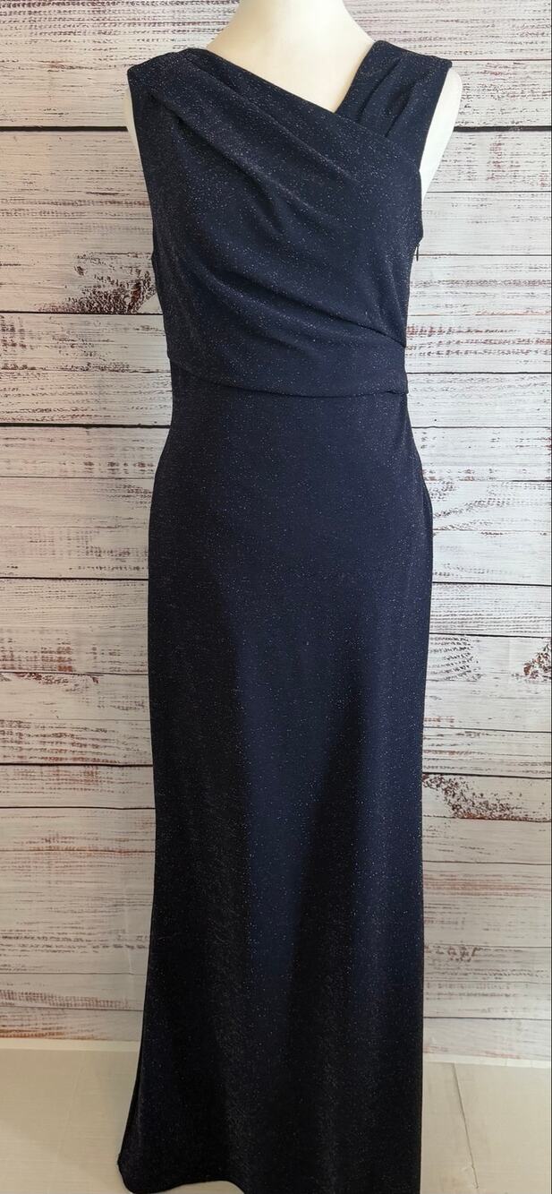 Adrianna Pappel Asymmetrical Neck Glitter Shimmer Formal Gown Navy Blue Size 4
